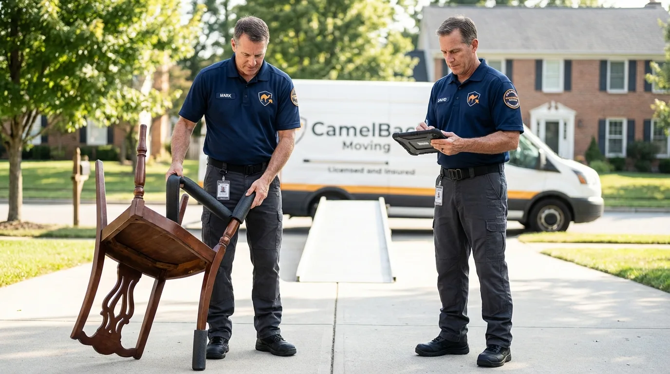 Movers inspecting furniture for damage prevention before loading in Waynesboro, PA