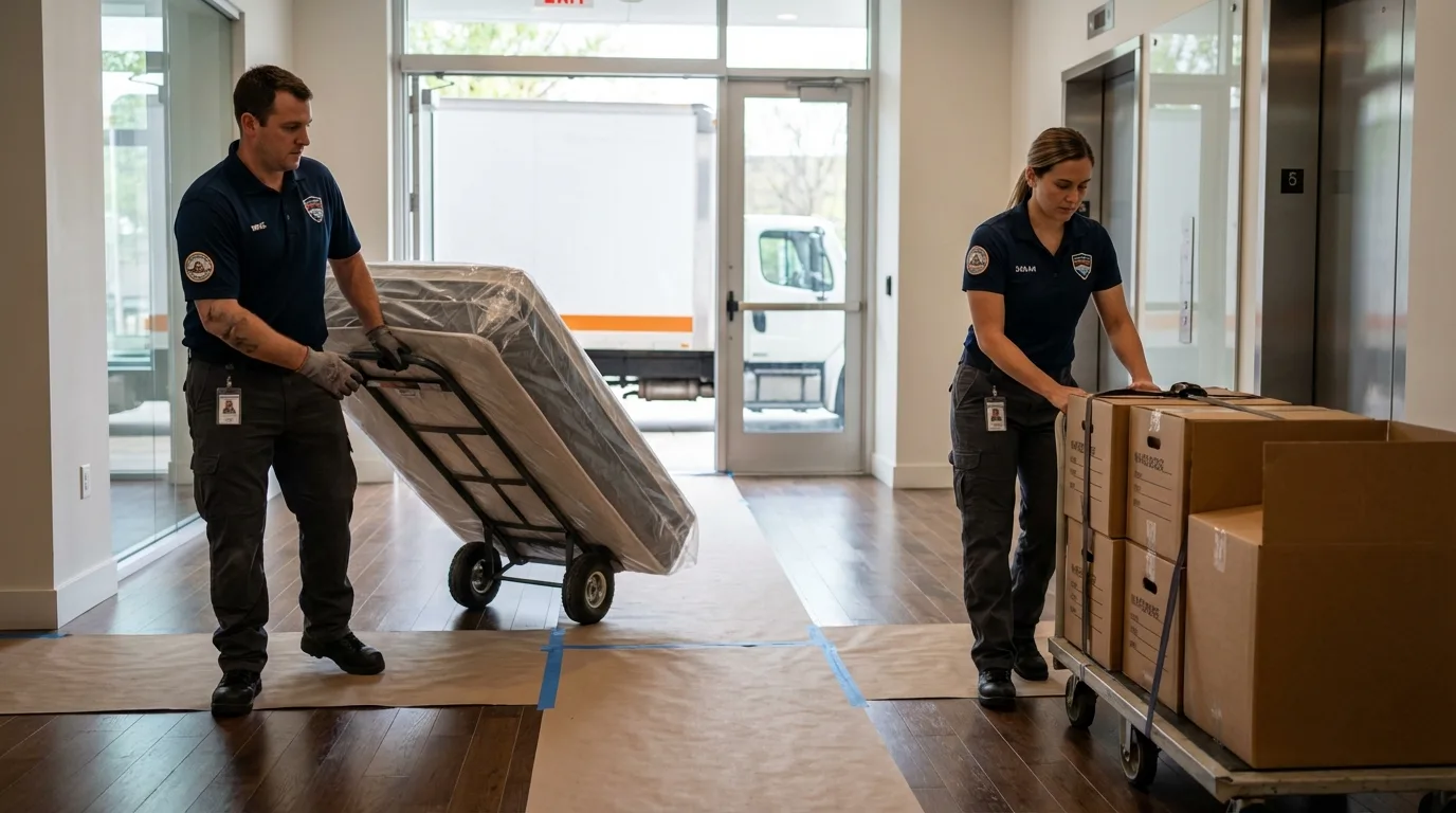 Professional apartment movers loading elevator in Waynesboro, PA