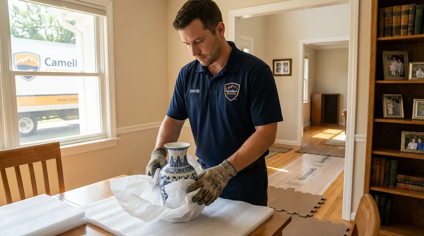 Professional crew carefully wrapping antique vase for senior downsizing move in Waynesboro, PA